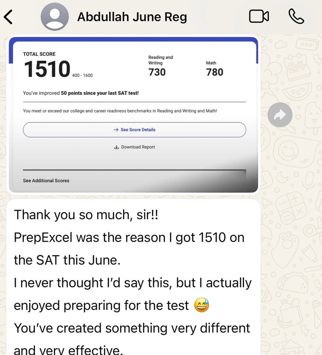Abdullah's SAT score report